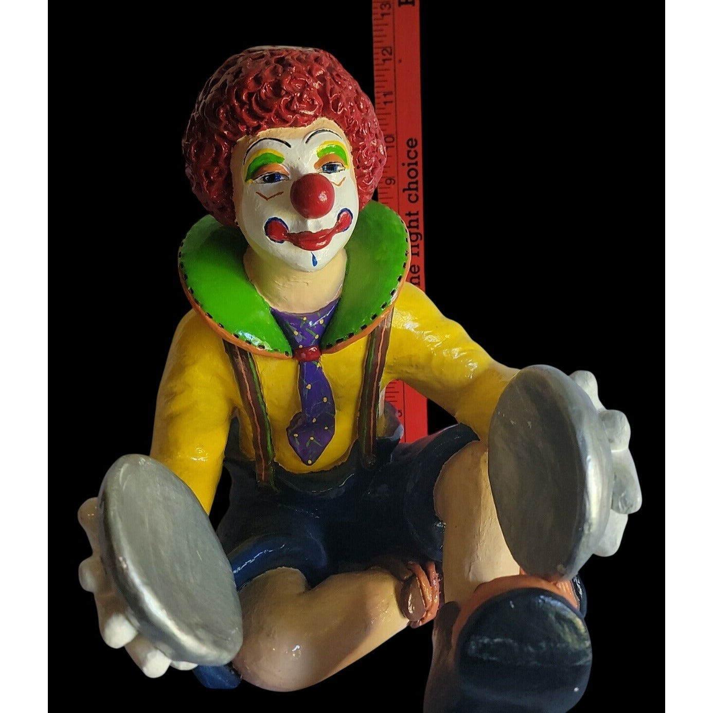 Large Colorful Clown Statue 12" Solid Chalkware Unsigned Tambourines Bright