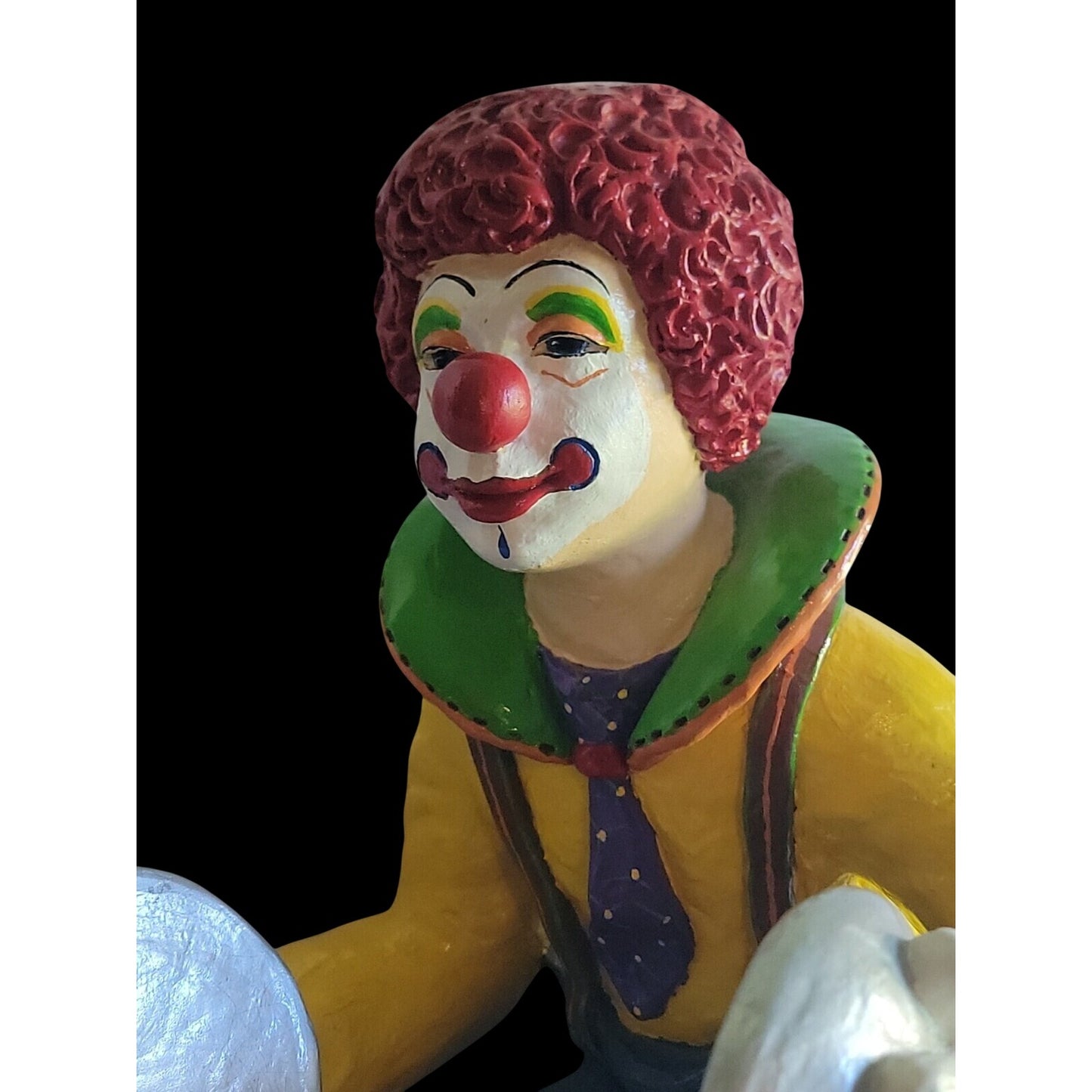 Large Colorful Clown Statue 12" Solid Chalkware Unsigned Tambourines Bright