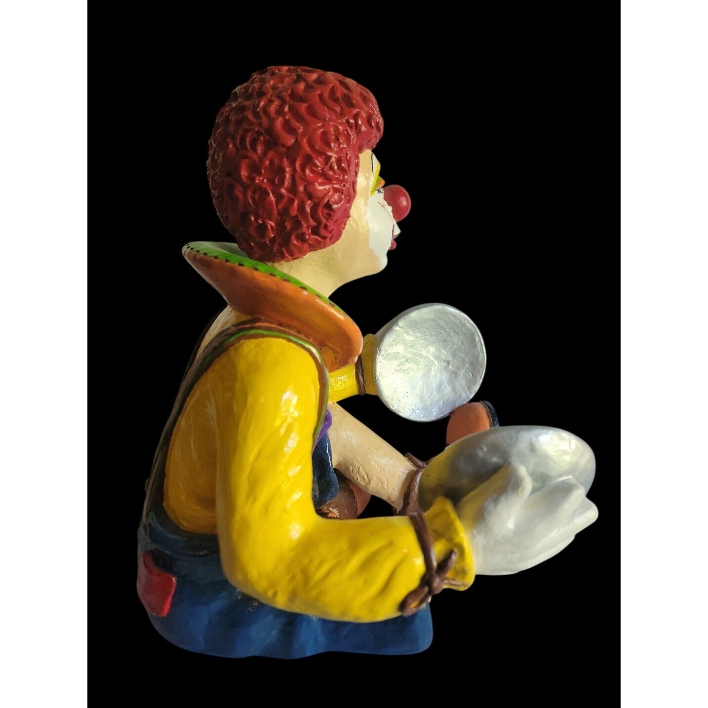 Large Colorful Clown Statue 12" Solid Chalkware Unsigned Tambourines Bright