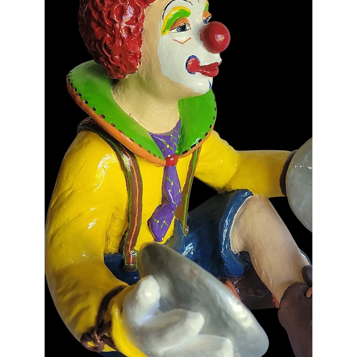 Large Colorful Clown Statue 12" Solid Chalkware Unsigned Tambourines Bright