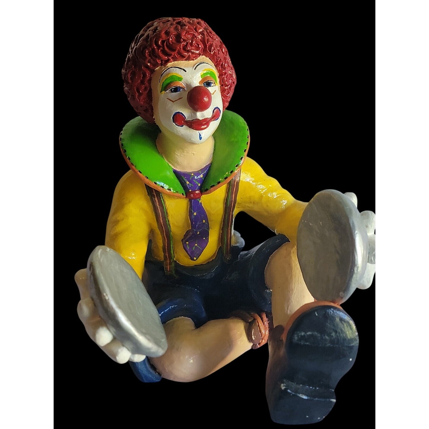 Large Colorful Clown Statue 12" Solid Chalkware Unsigned Tambourines Bright