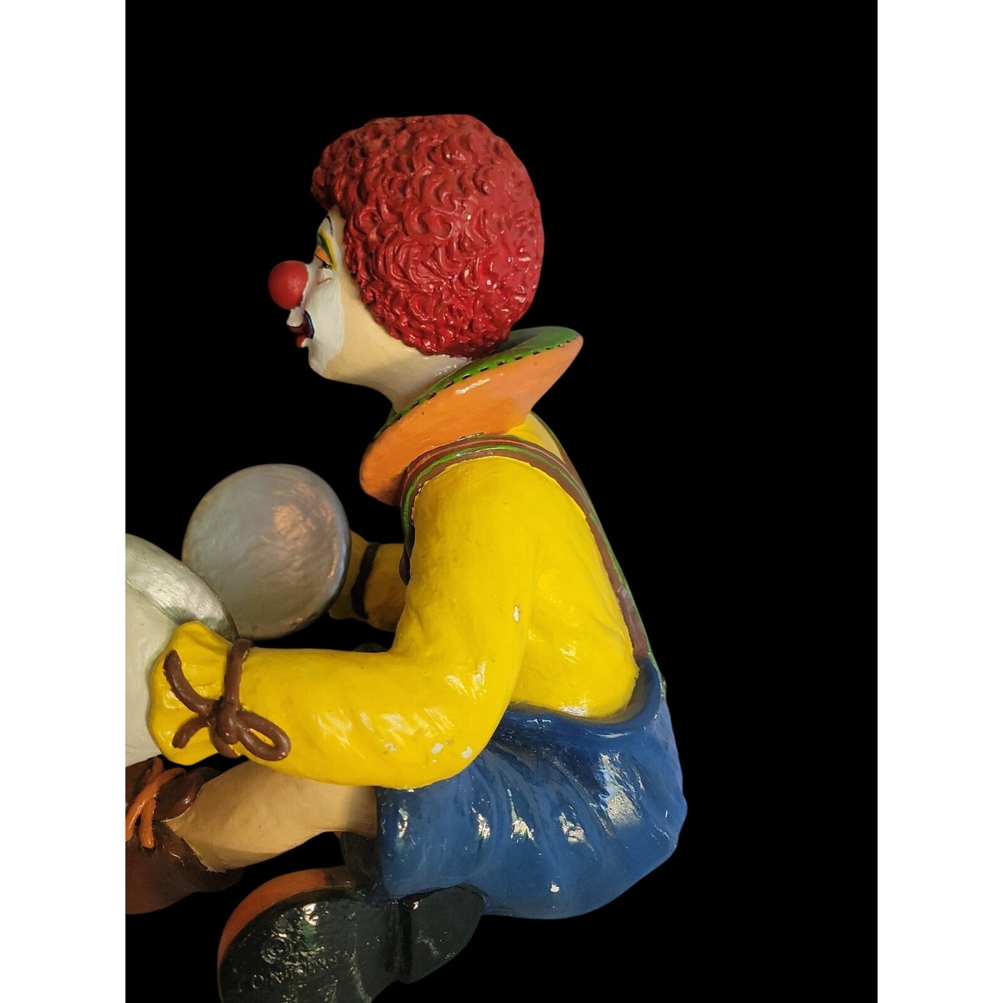 Large Colorful Clown Statue 12" Solid Chalkware Unsigned Tambourines Bright