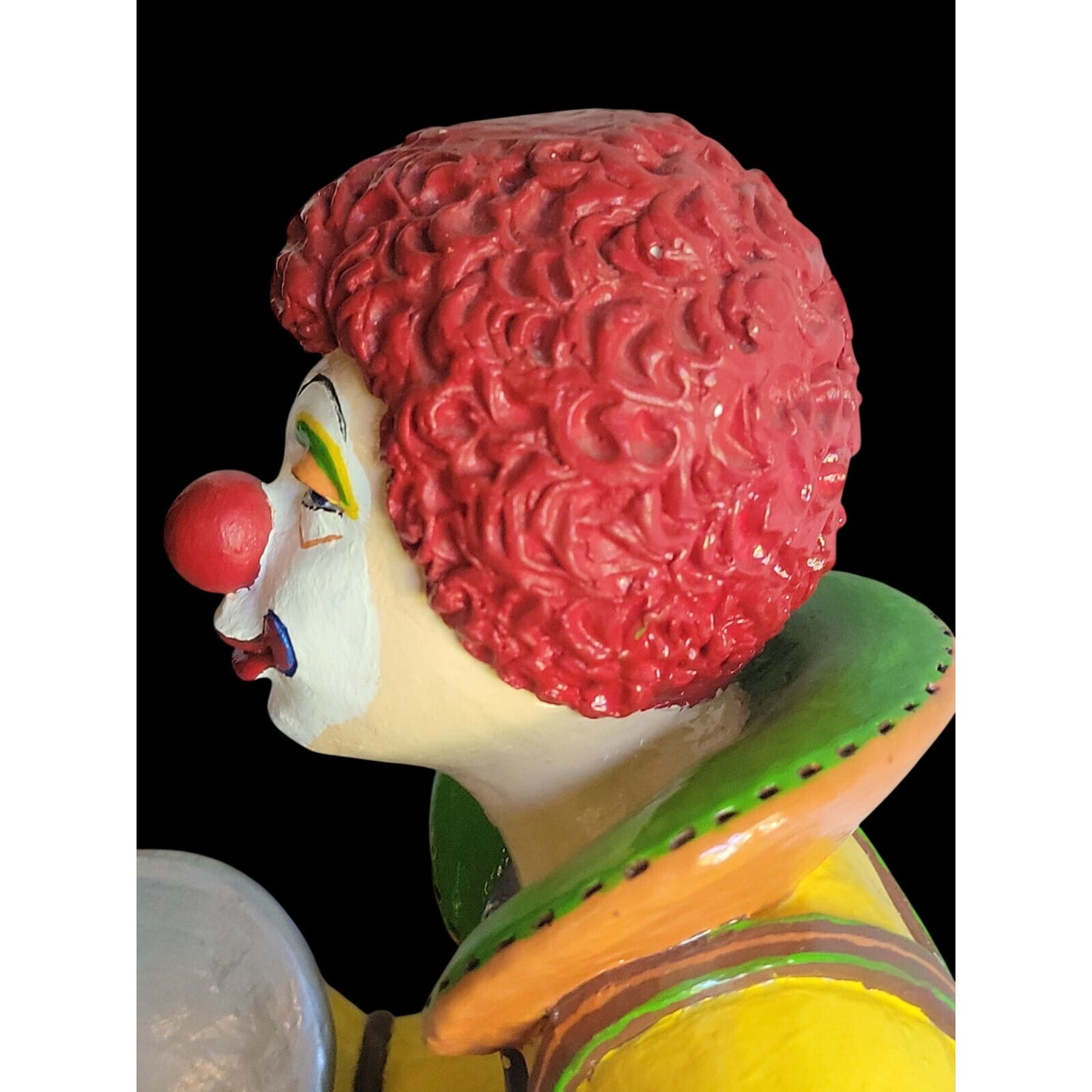 Large Colorful Clown Statue 12" Solid Chalkware Unsigned Tambourines Bright