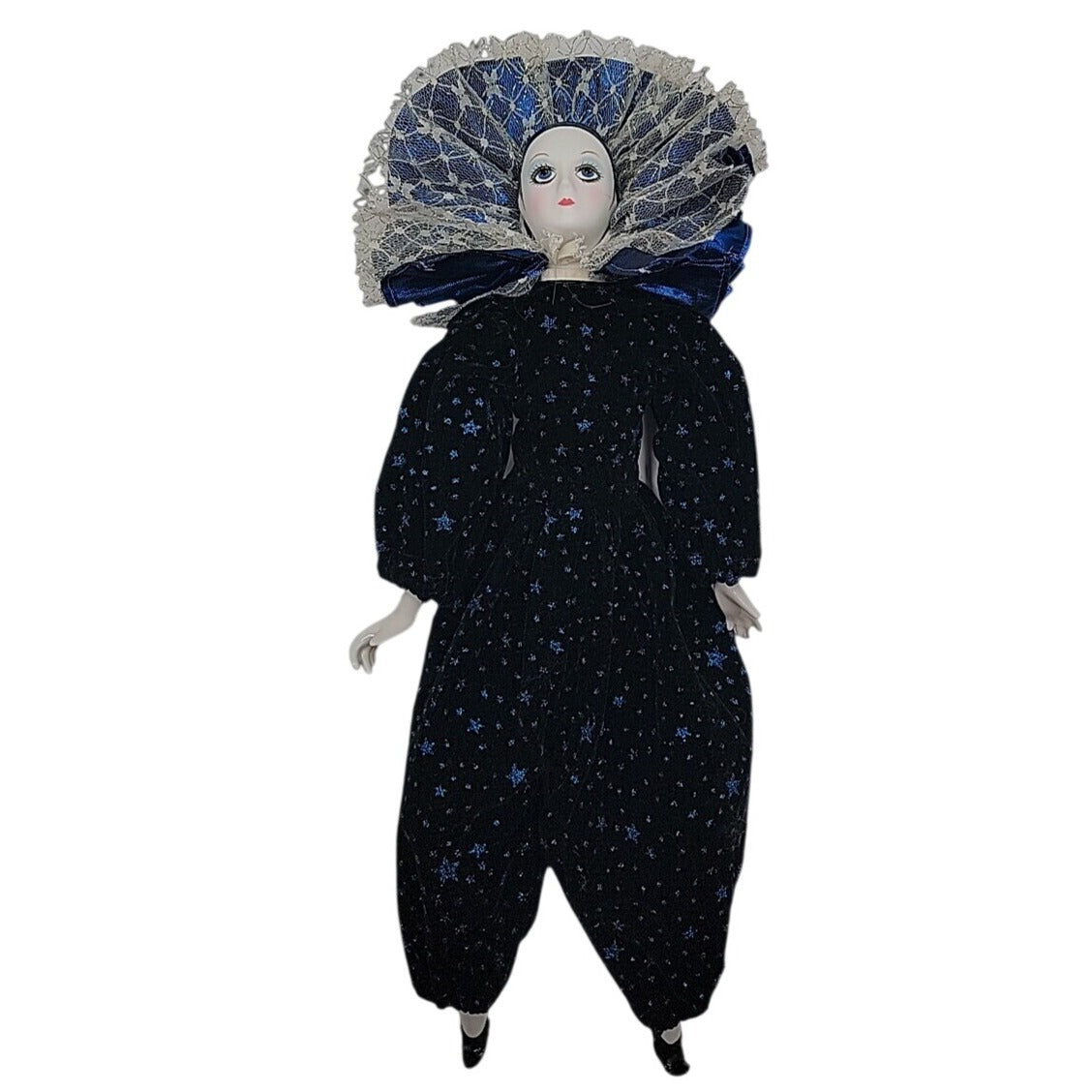 VTG Italian Harlequin Pierrot Porcelain Doll Collectors Blue Black Clothes 14"