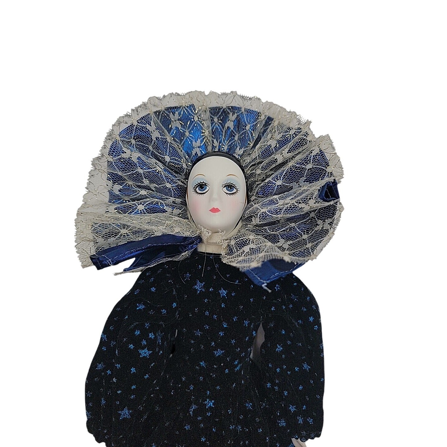 VTG Italian Harlequin Pierrot Porcelain Doll Collectors Blue Black Clothes 14"