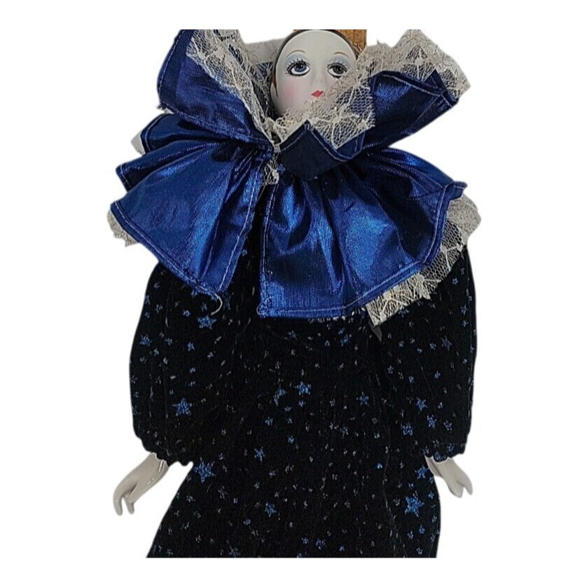 VTG Italian Harlequin Pierrot Porcelain Doll Collectors Blue Black Clothes 14"