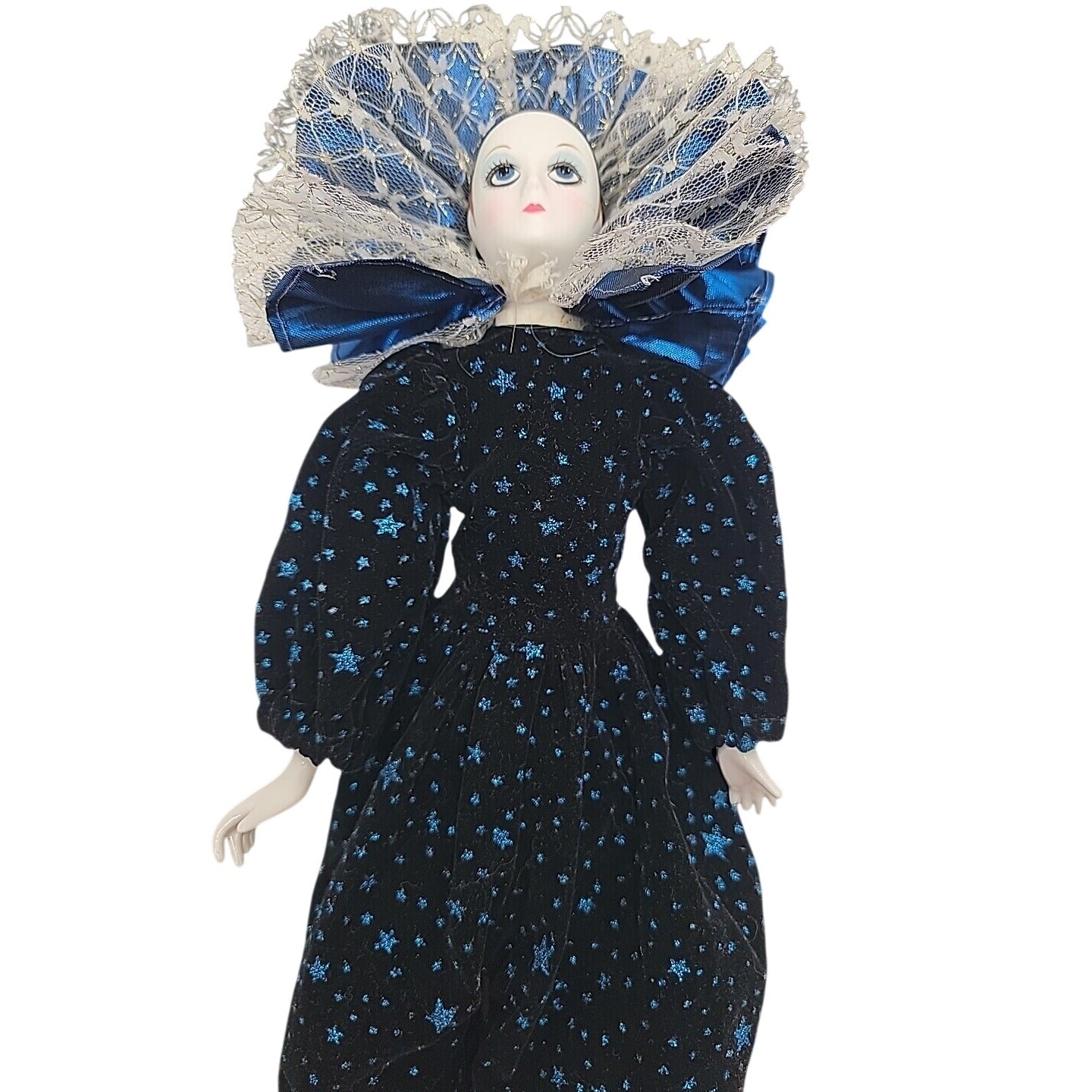 VTG Italian Harlequin Pierrot Porcelain Doll Collectors Blue Black Clothes 14"