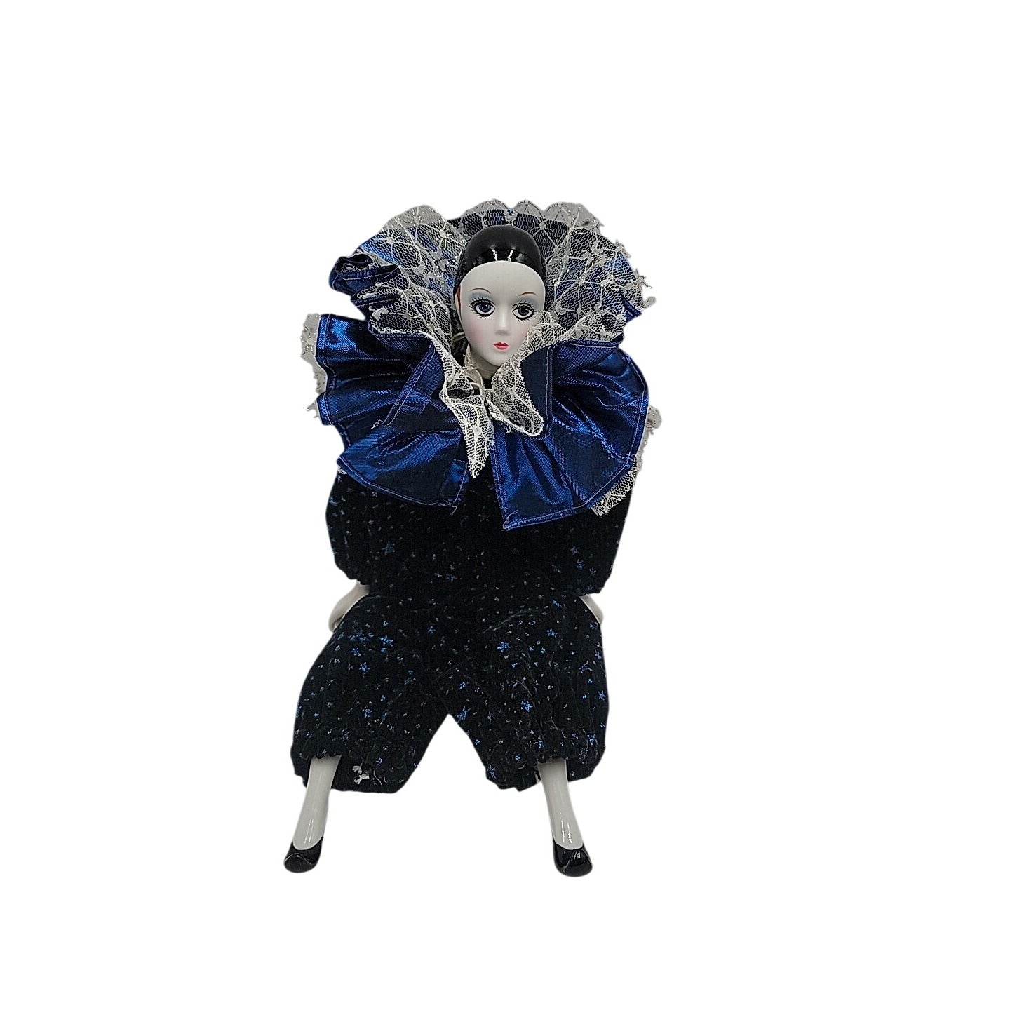 VTG Italian Harlequin Pierrot Porcelain Doll Collectors Blue Black Clothes 14"
