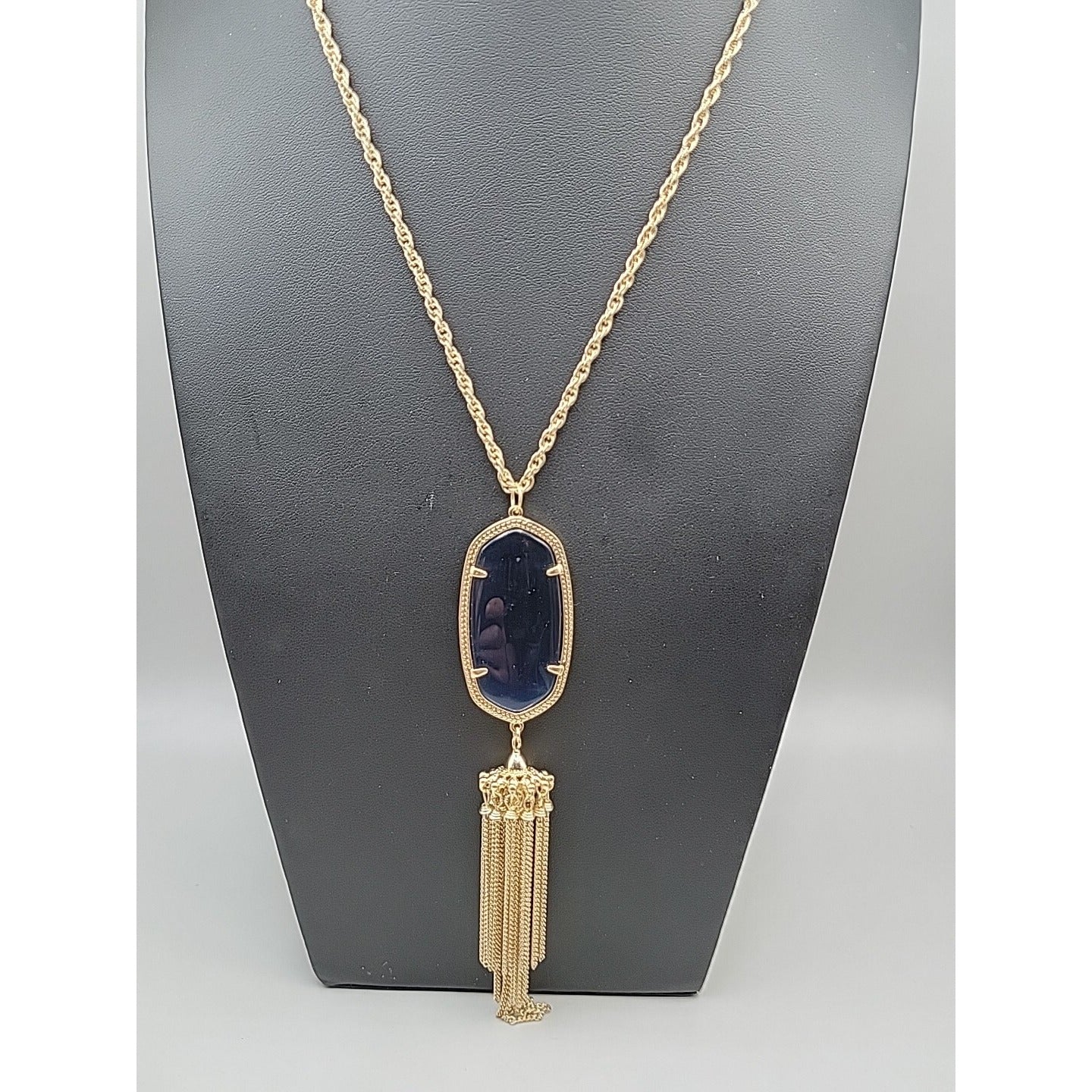Kendra Scott Rayne Necklace 14kgp Navy Blue Faux Cats Eye Tassel Pendant 30"