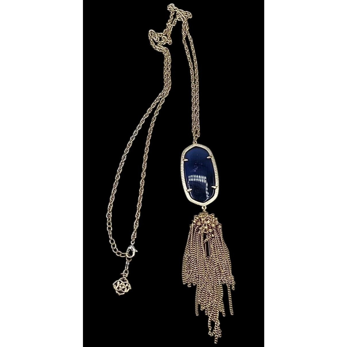 Kendra Scott Rayne Necklace 14kgp Navy Blue Faux Cats Eye Tassel Pendant 30"