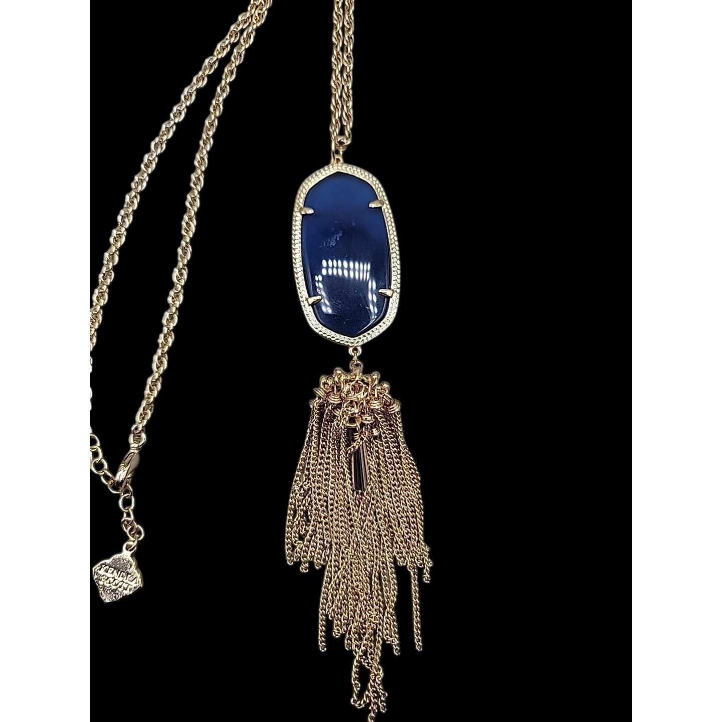 Kendra Scott Rayne Necklace 14kgp Navy Blue Faux Cats Eye Tassel Pendant 30"