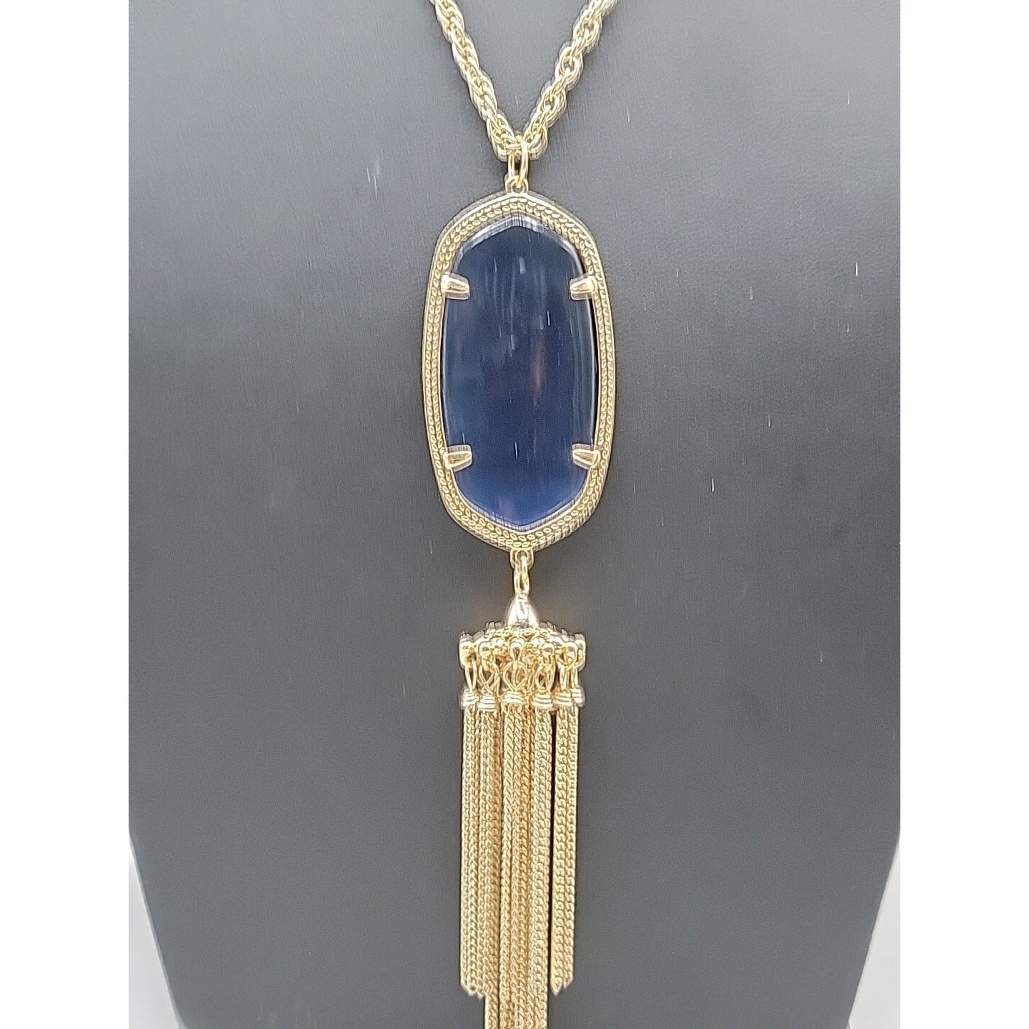 Kendra Scott Rayne Necklace 14kgp Navy Blue Faux Cats Eye Tassel Pendant 30"