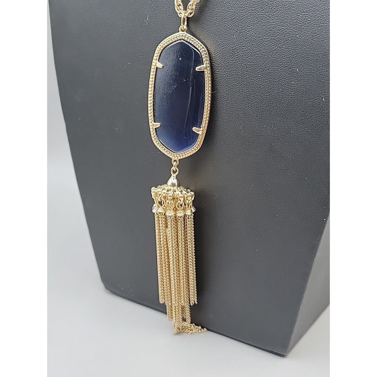 Kendra Scott Rayne Necklace 14kgp Navy Blue Faux Cats Eye Tassel Pendant 30"