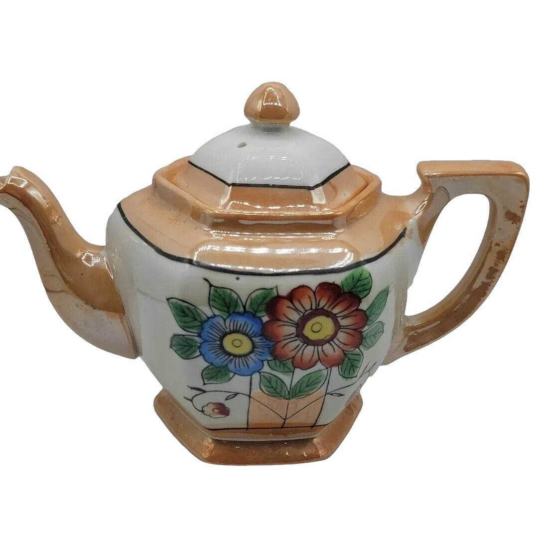 Vintage Lusterware Teapot Japan Hexagonal Bone China Iridescent Floral Design