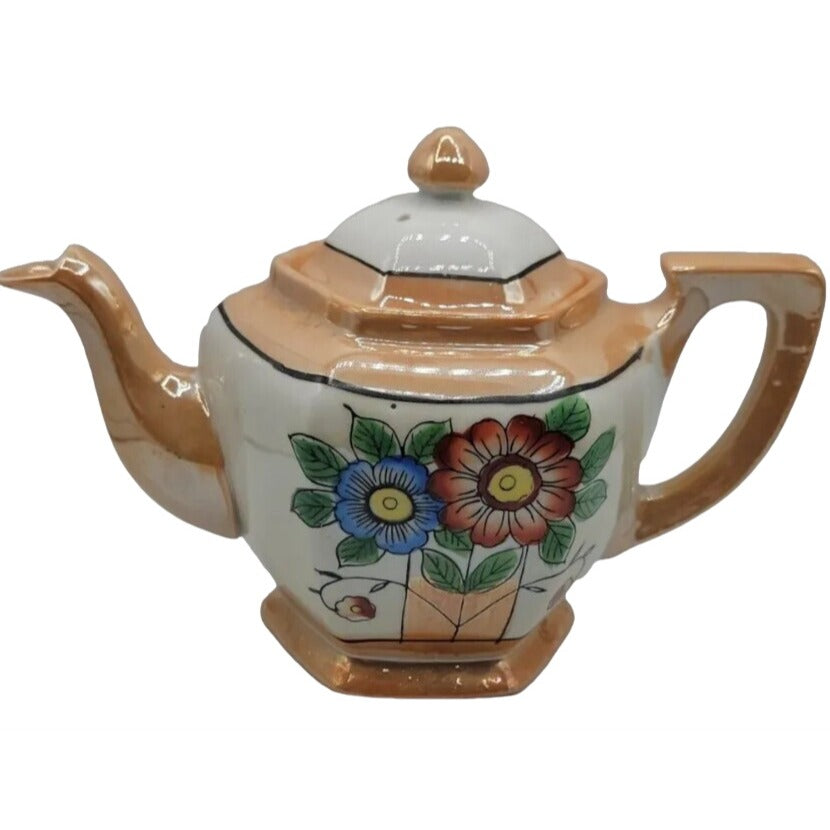 Vintage Lusterware Teapot Japan Hexagonal Bone China Iridescent Floral Design