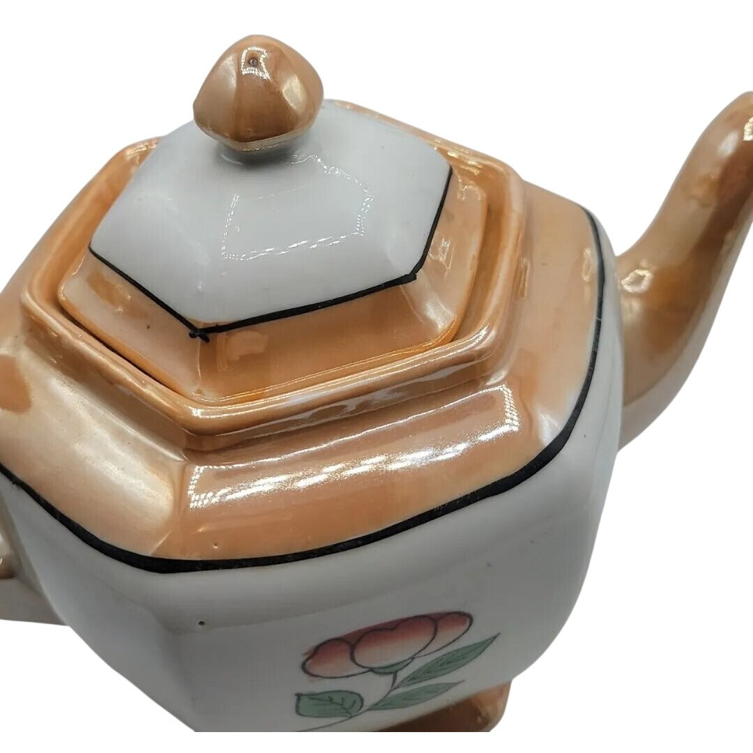 Vintage Lusterware Teapot Japan Hexagonal Bone China Iridescent Floral Design