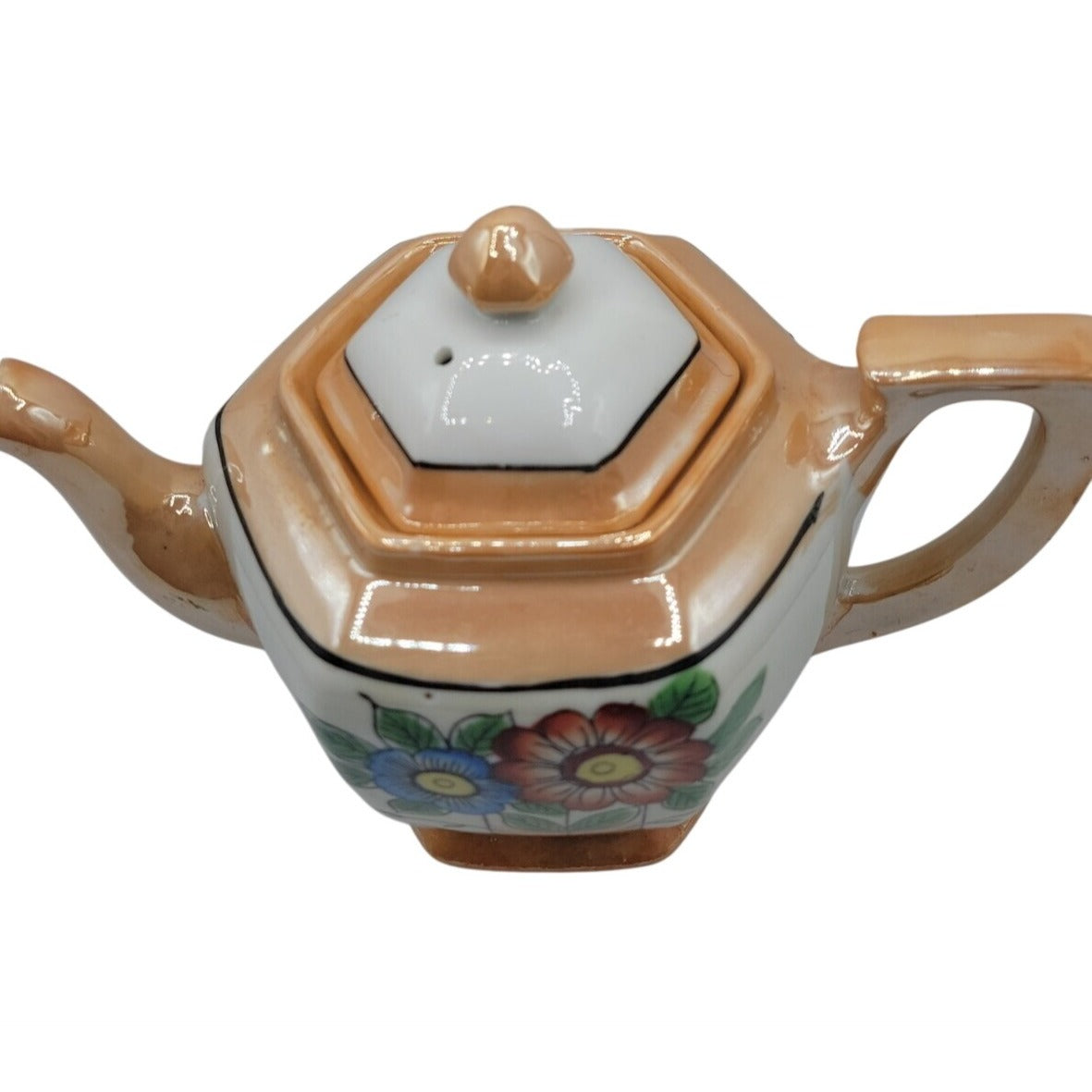 Vintage Lusterware Teapot Japan Hexagonal Bone China Iridescent Floral Design