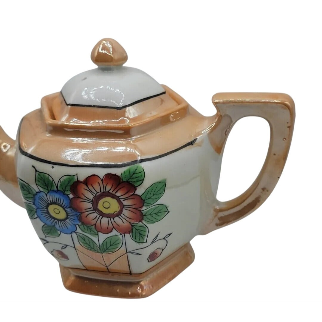 Vintage Lusterware Teapot Japan Hexagonal Bone China Iridescent Floral Design