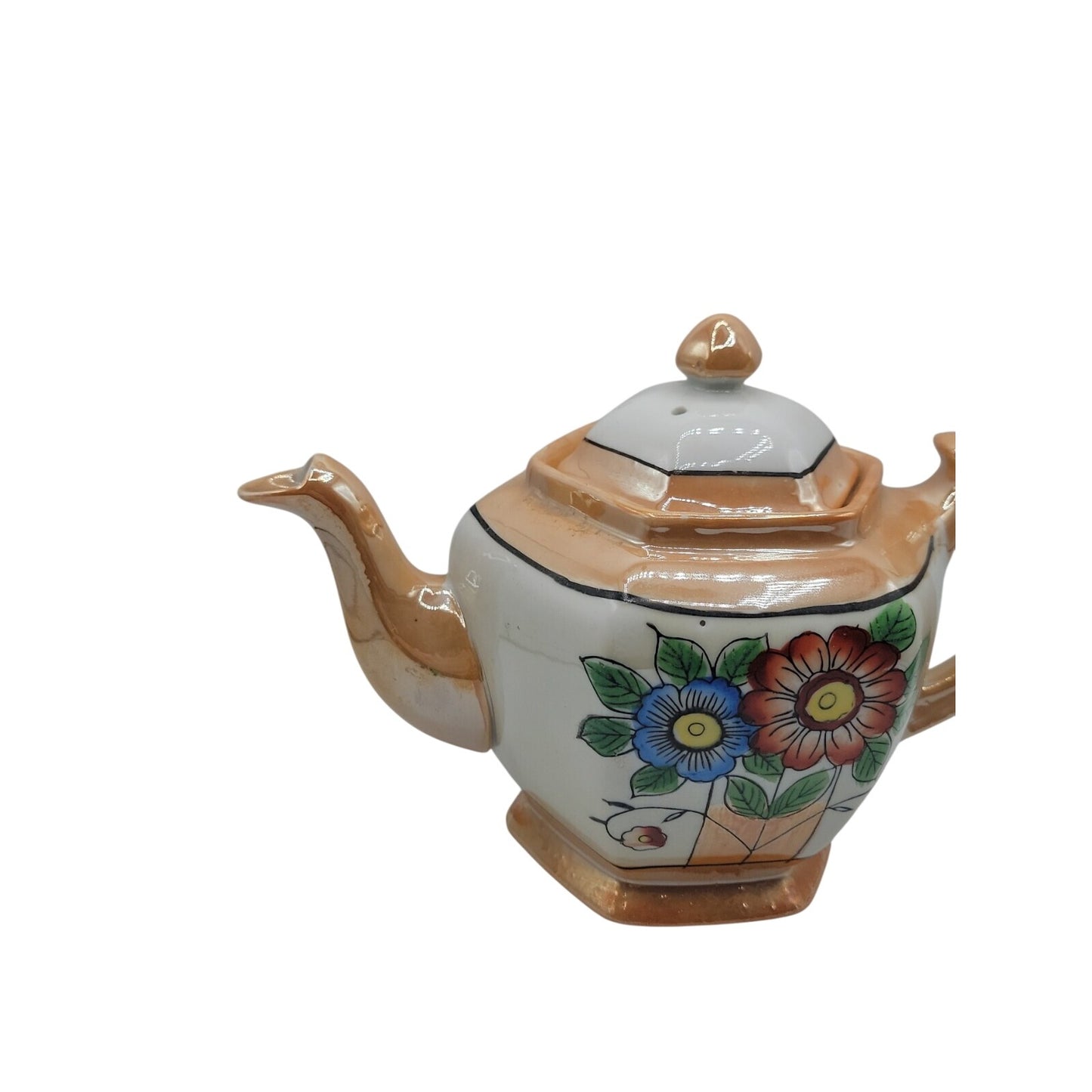 Vintage Lusterware Teapot Japan Hexagonal Bone China Iridescent Floral Design