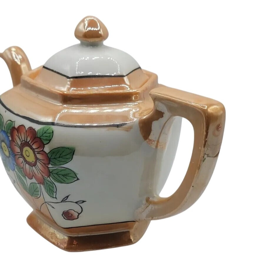 Vintage Lusterware Teapot Japan Hexagonal Bone China Iridescent Floral Design