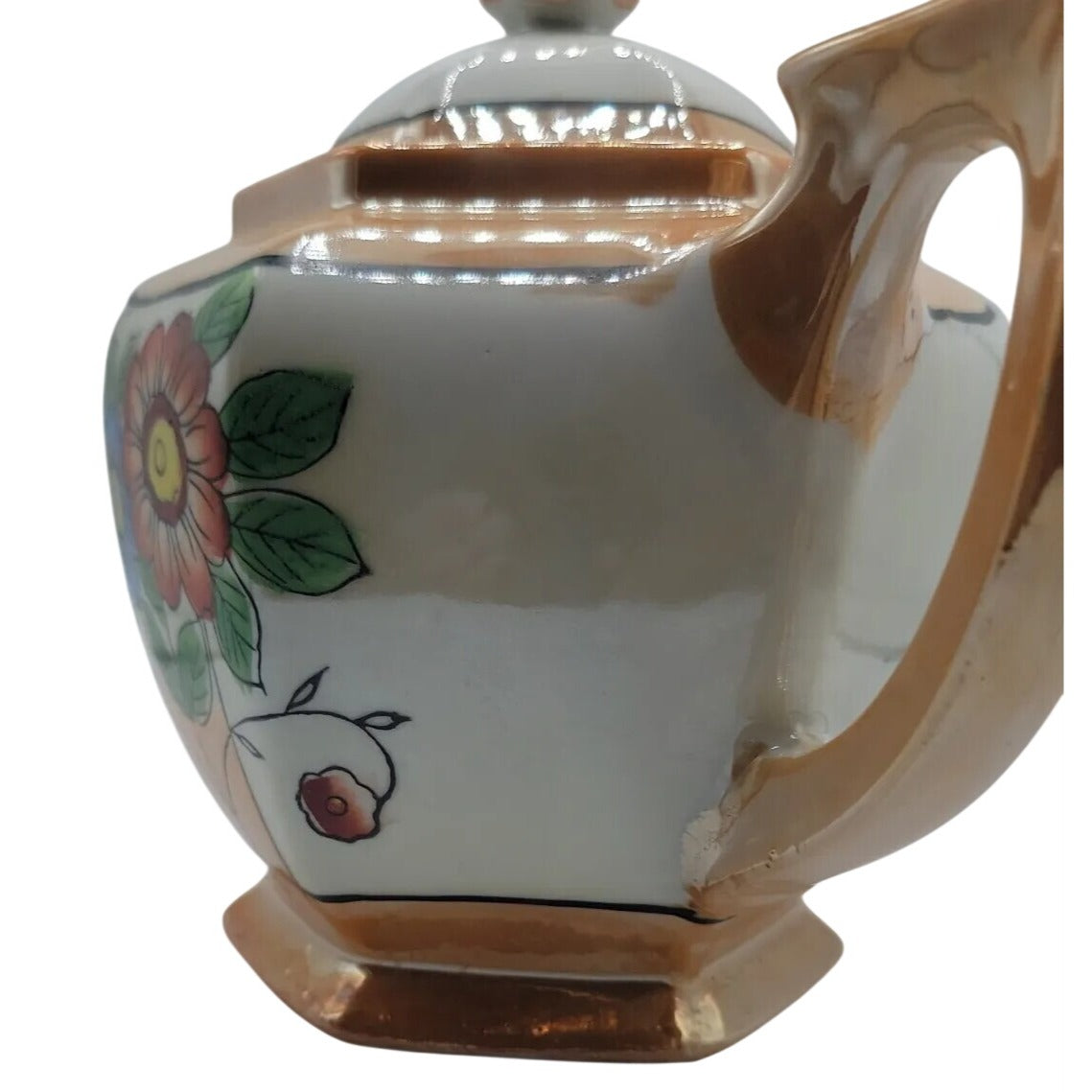 Vintage Lusterware Teapot Japan Hexagonal Bone China Iridescent Floral Design