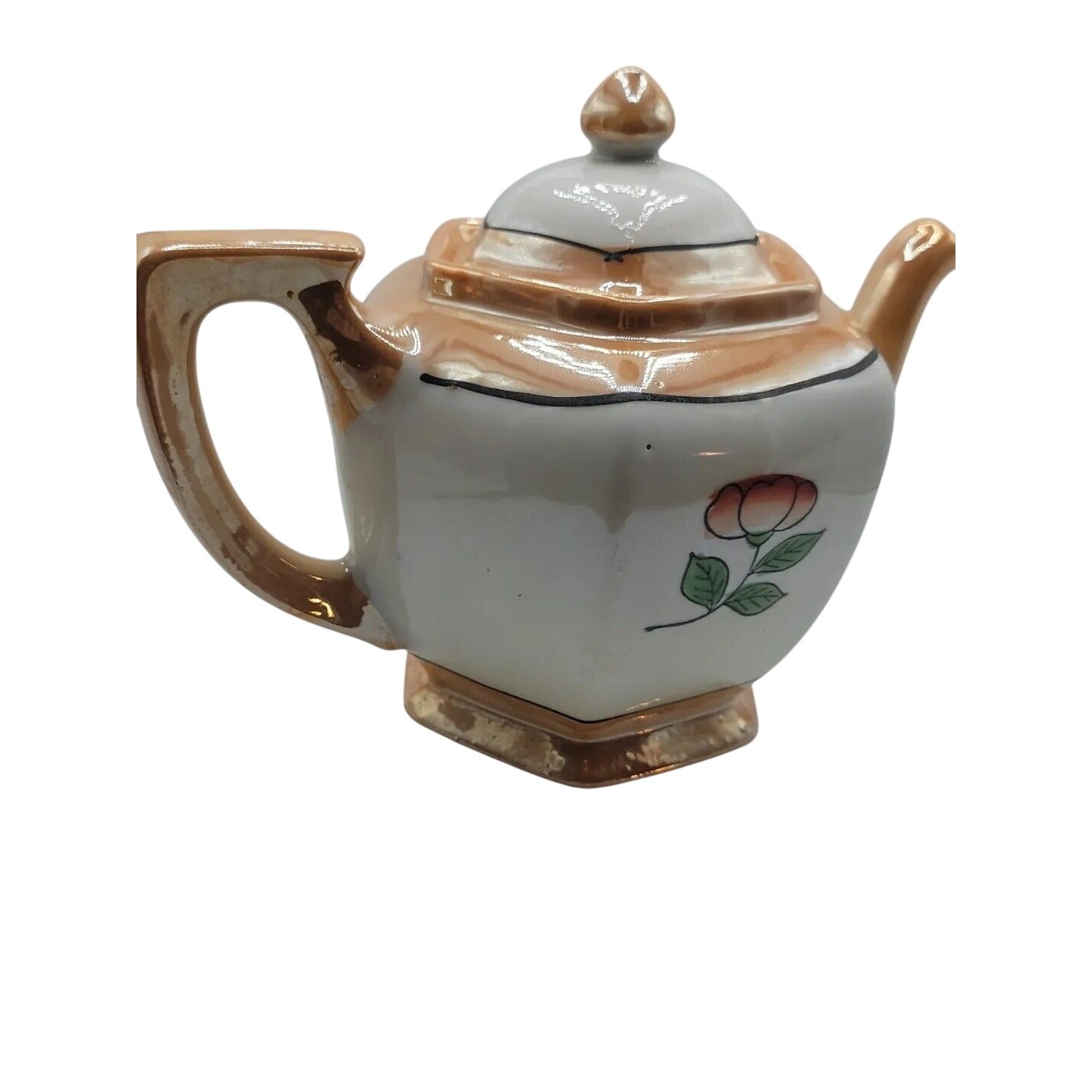 Vintage Lusterware Teapot Japan Hexagonal Bone China Iridescent Floral Design