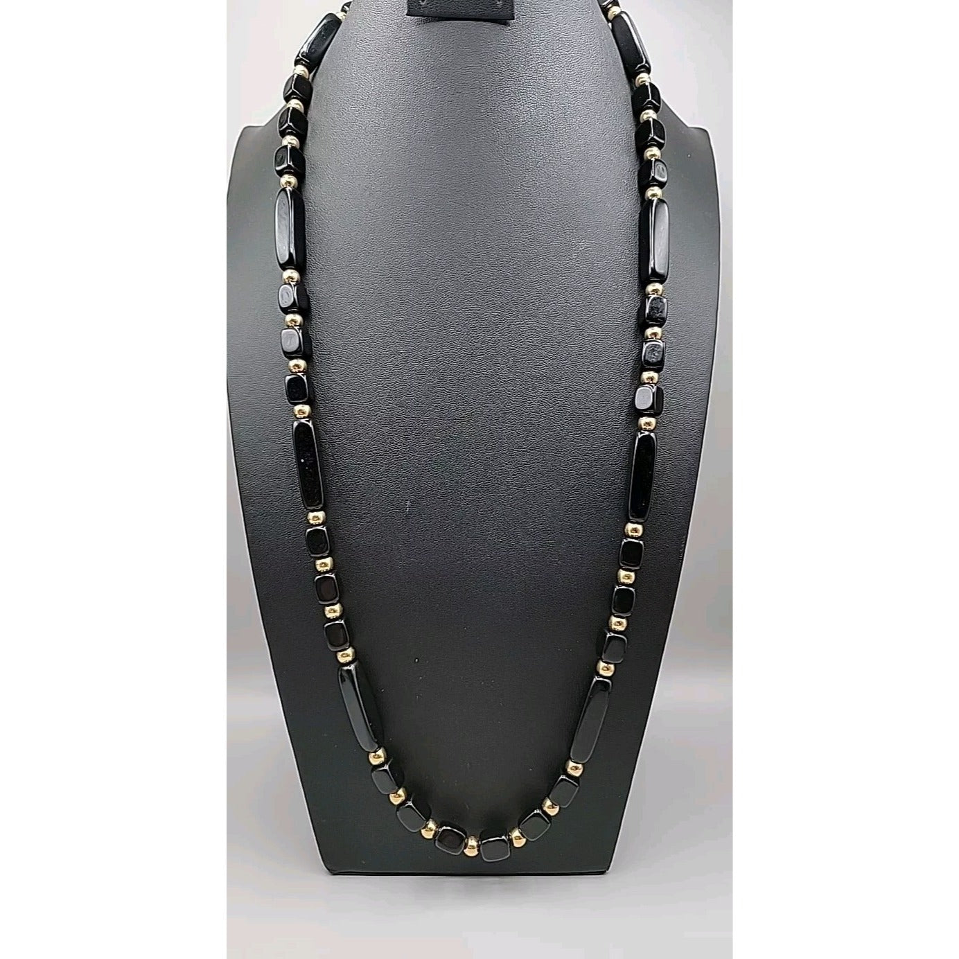 Trifari Black Square & Rectangle Bead Necklace Gold Tone Spacer Signed 31"