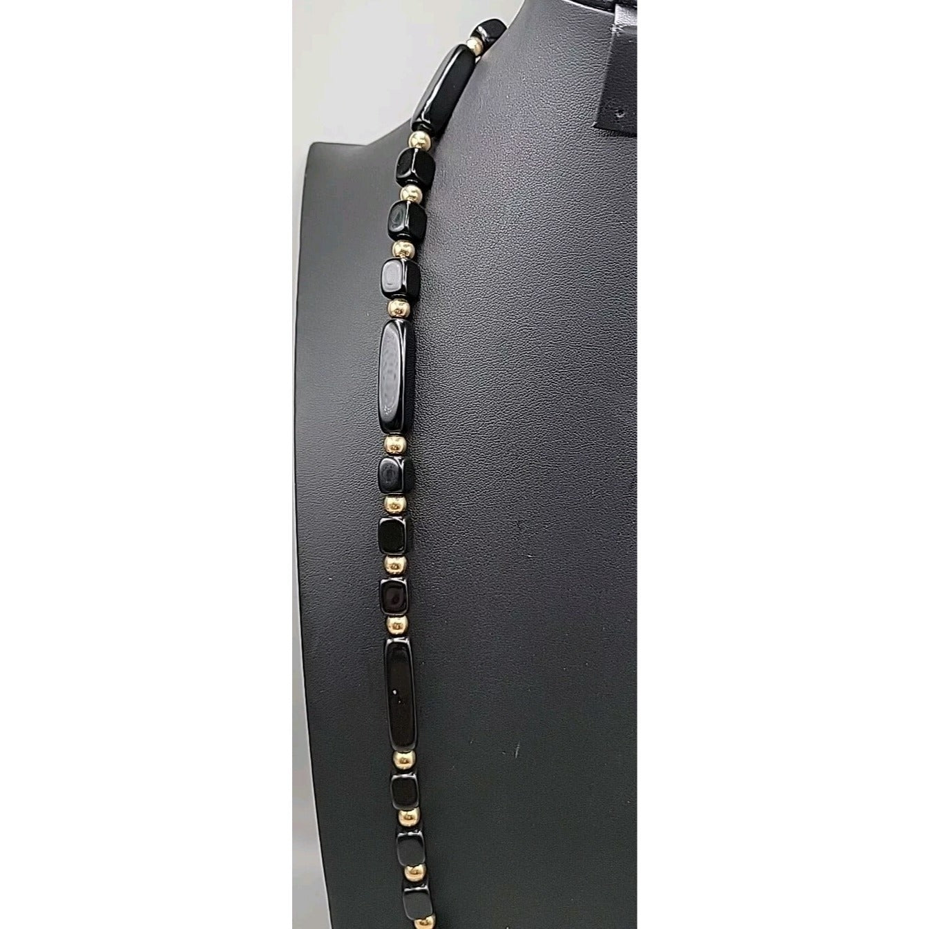 Trifari Black Square & Rectangle Bead Necklace Gold Tone Spacer Signed 31"