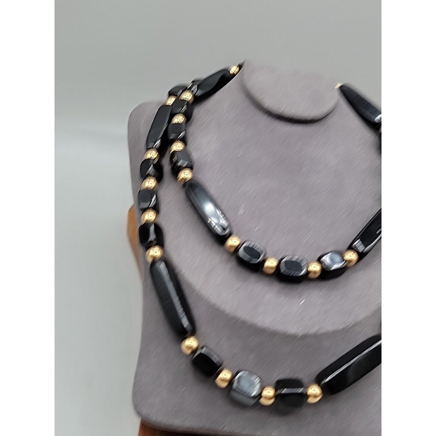 Trifari Black Square & Rectangle Bead Necklace Gold Tone Spacer Signed 31"