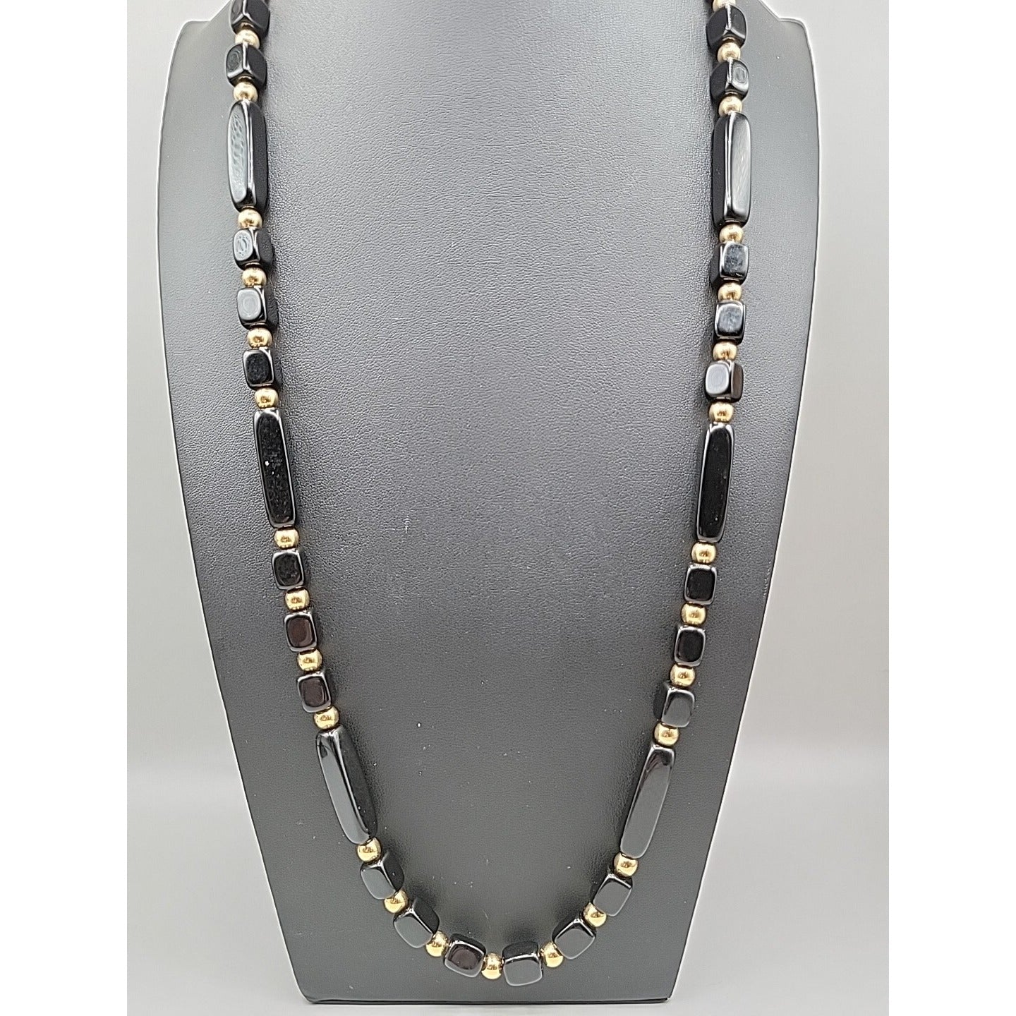 Trifari Black Square & Rectangle Bead Necklace Gold Tone Spacer Signed 31"