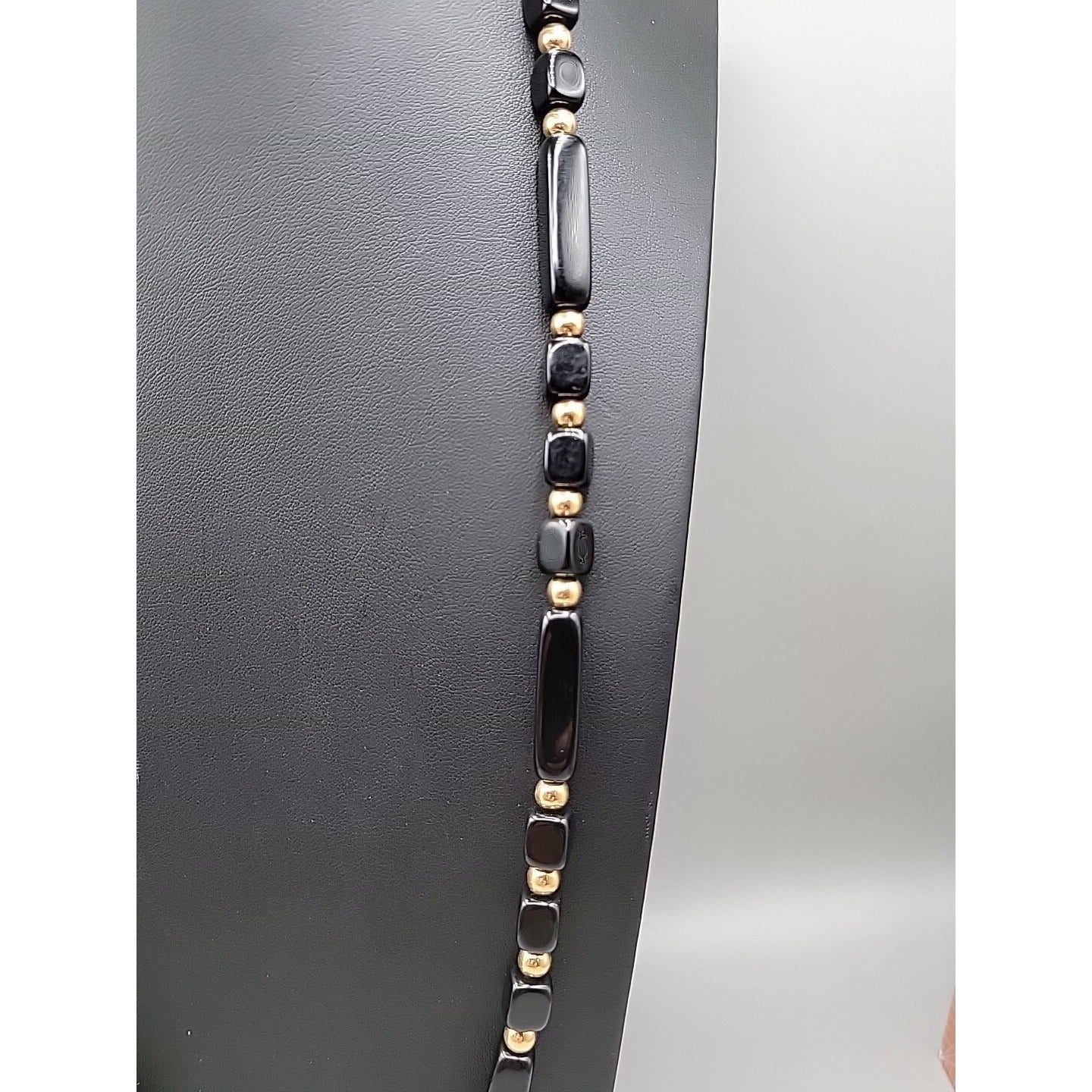 Trifari Black Square & Rectangle Bead Necklace Gold Tone Spacer Signed 31"