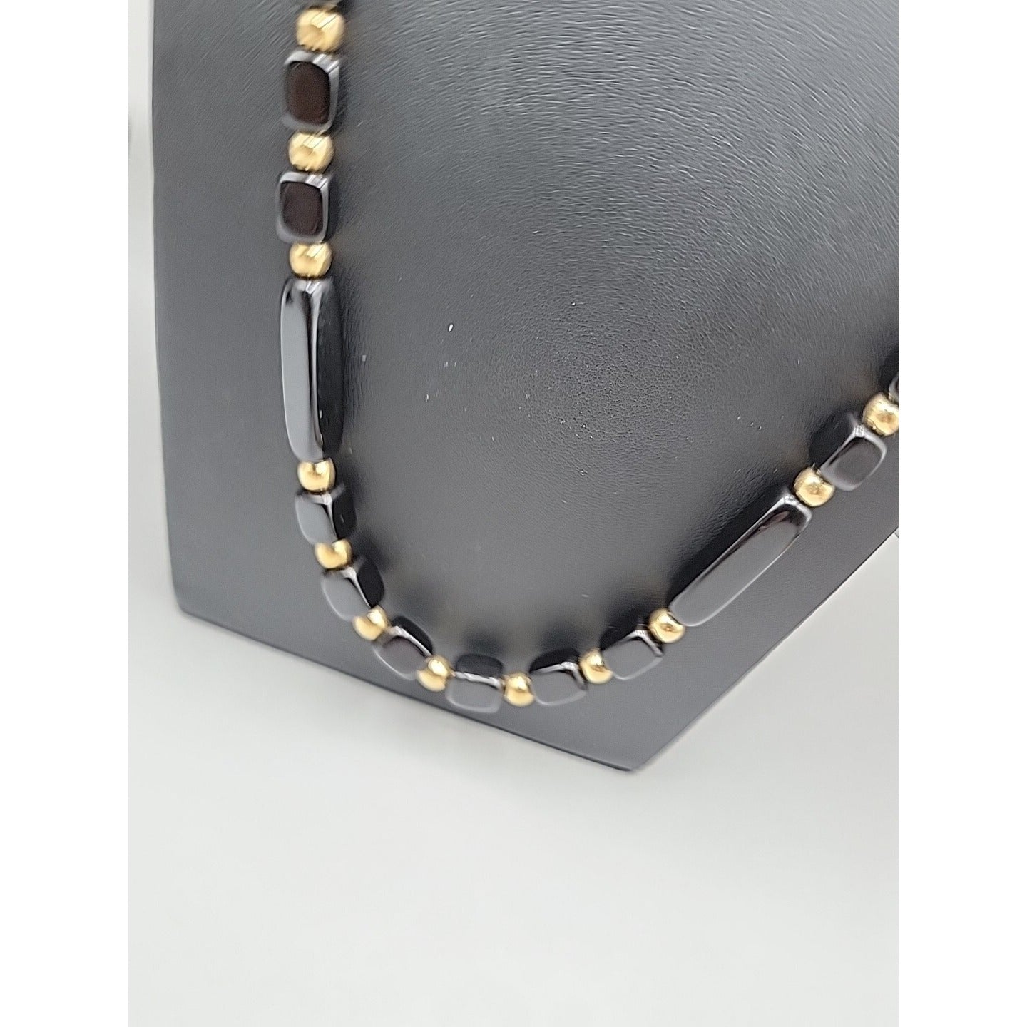 Trifari Black Square & Rectangle Bead Necklace Gold Tone Spacer Signed 31"