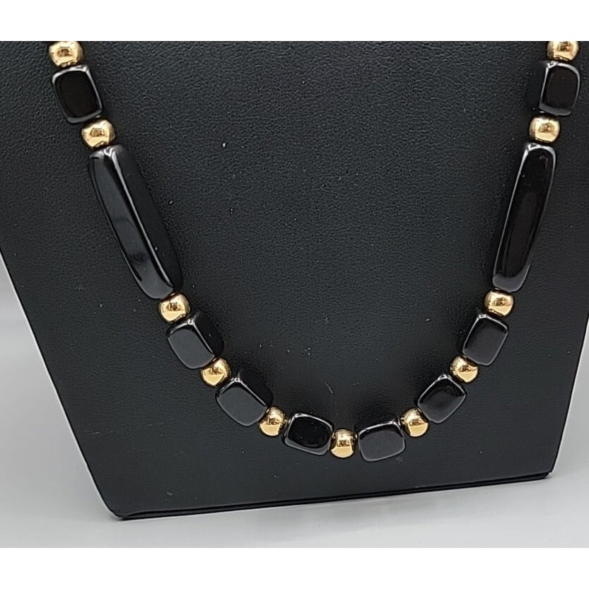 Trifari Black Square & Rectangle Bead Necklace Gold Tone Spacer Signed 31"