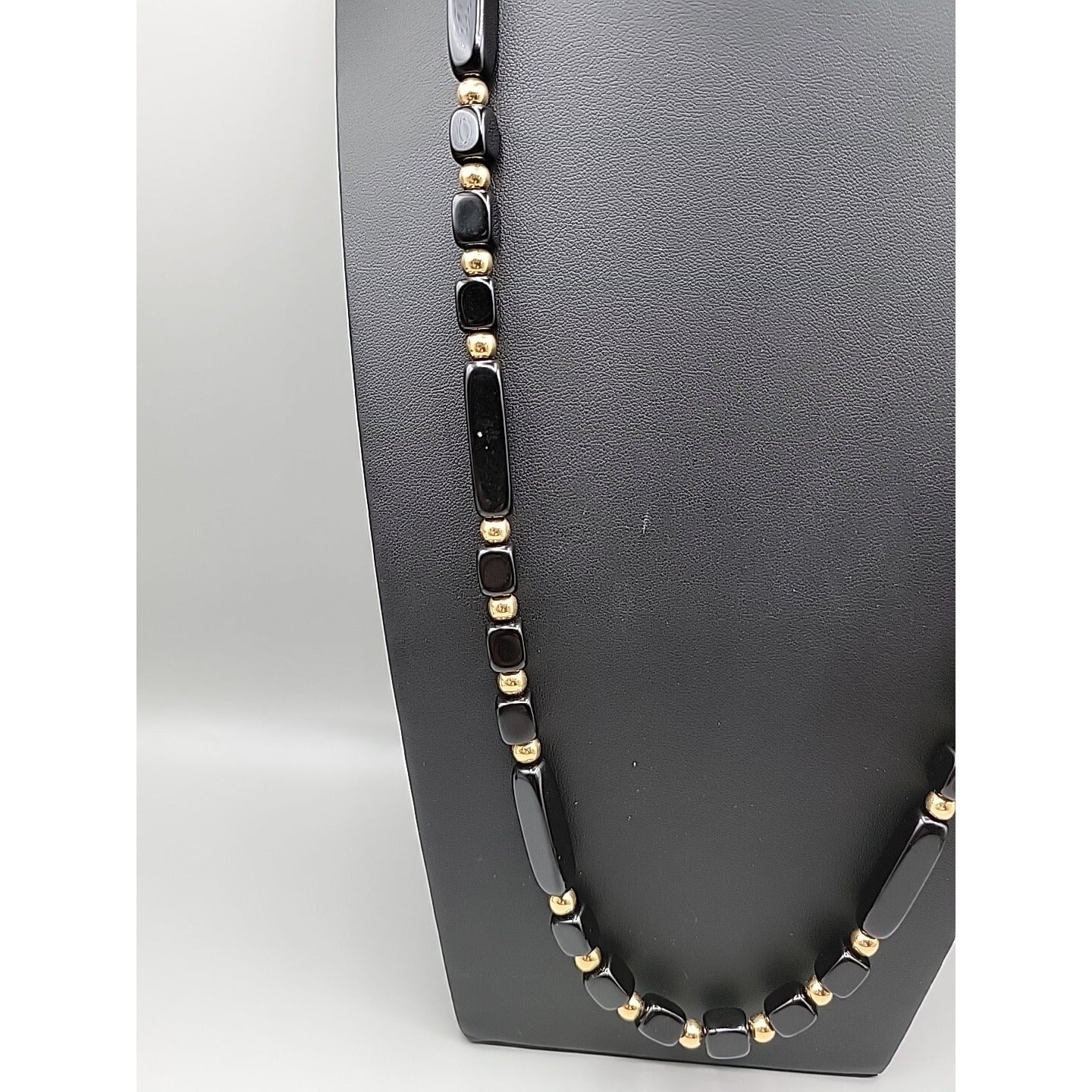 Trifari Black Square & Rectangle Bead Necklace Gold Tone Spacer Signed 31"