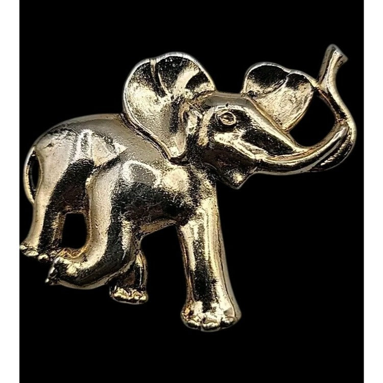 Gold-Tone Elephant Brooch Pin With Textured Finish Trunk Up for Good Luck