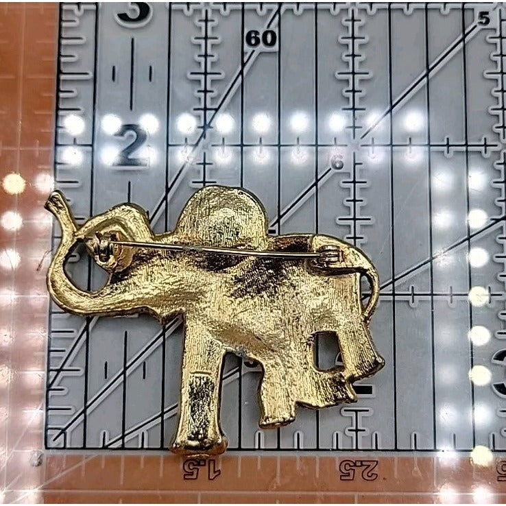 Gold-Tone Elephant Brooch Pin With Textured Finish Trunk Up for Good Luck