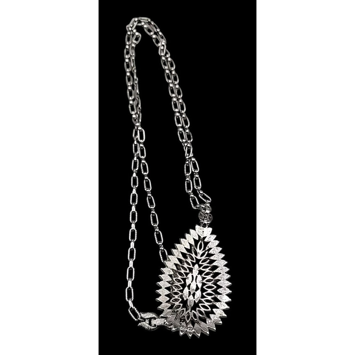 Monet Pendant Necklace Signed Open Metal Work 30" Silver Tone Chain