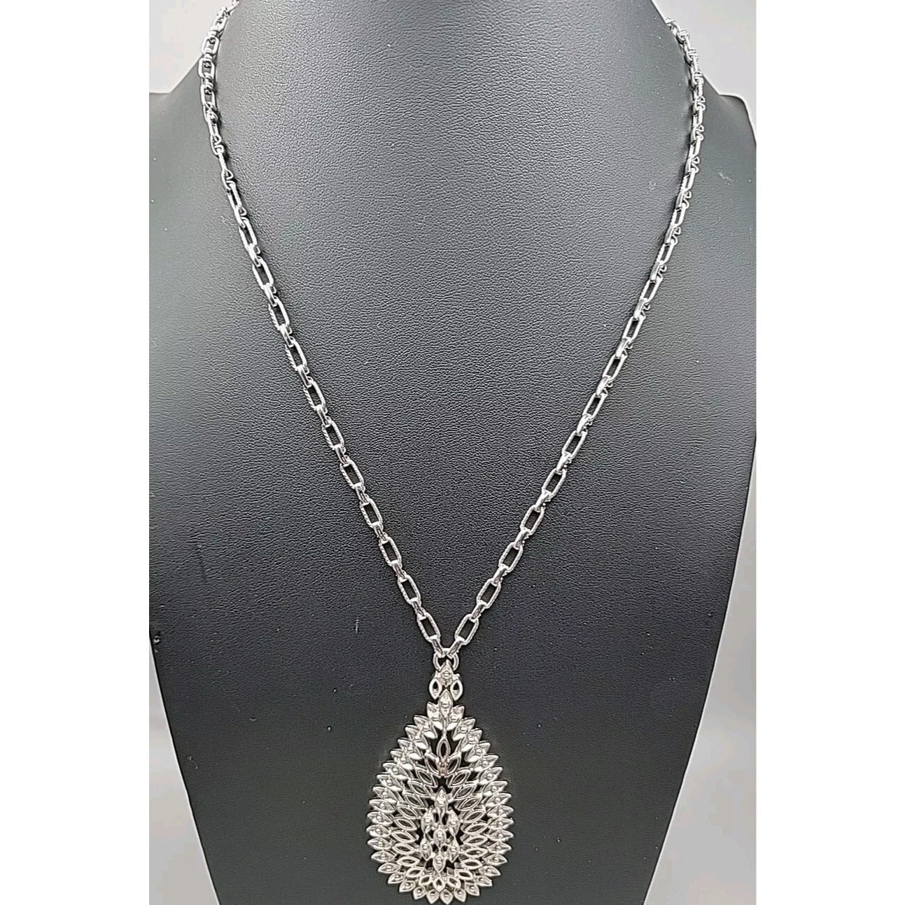 Monet Pendant Necklace Signed Open Metal Work 30" Silver Tone Chain