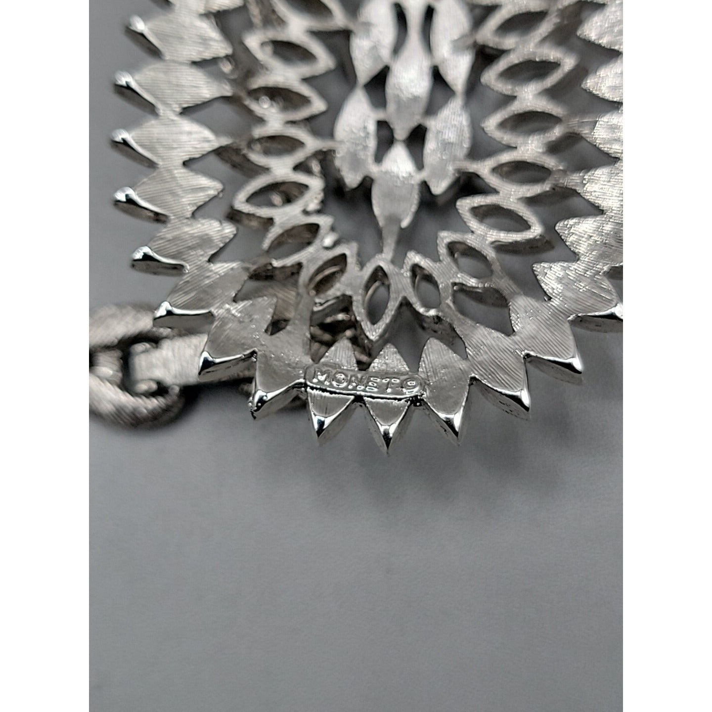 Monet Pendant Necklace Signed Open Metal Work 30" Silver Tone Chain