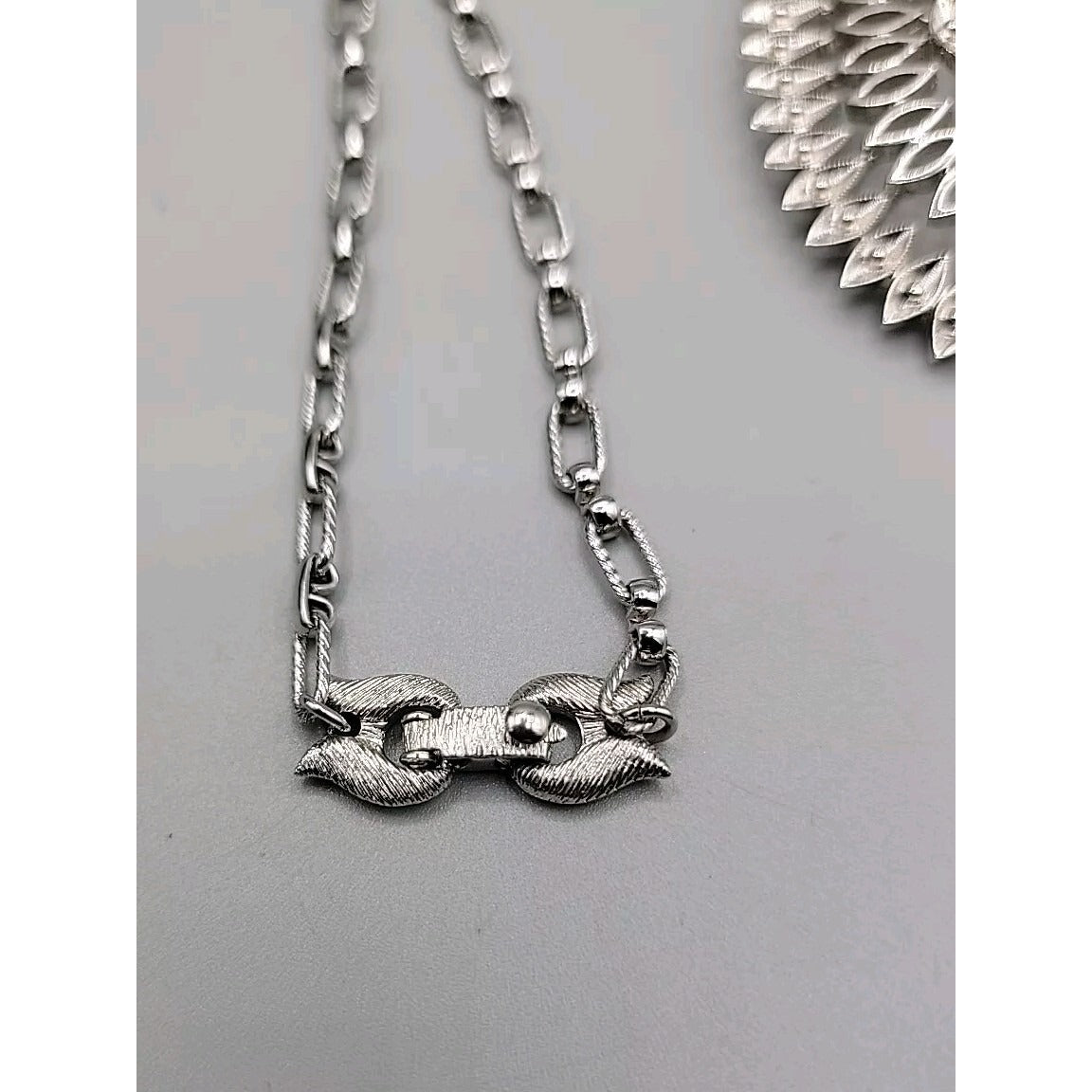 Monet Pendant Necklace Signed Open Metal Work 30" Silver Tone Chain