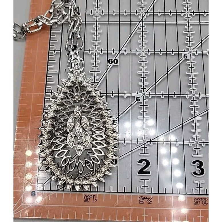 Monet Pendant Necklace Signed Open Metal Work 30" Silver Tone Chain