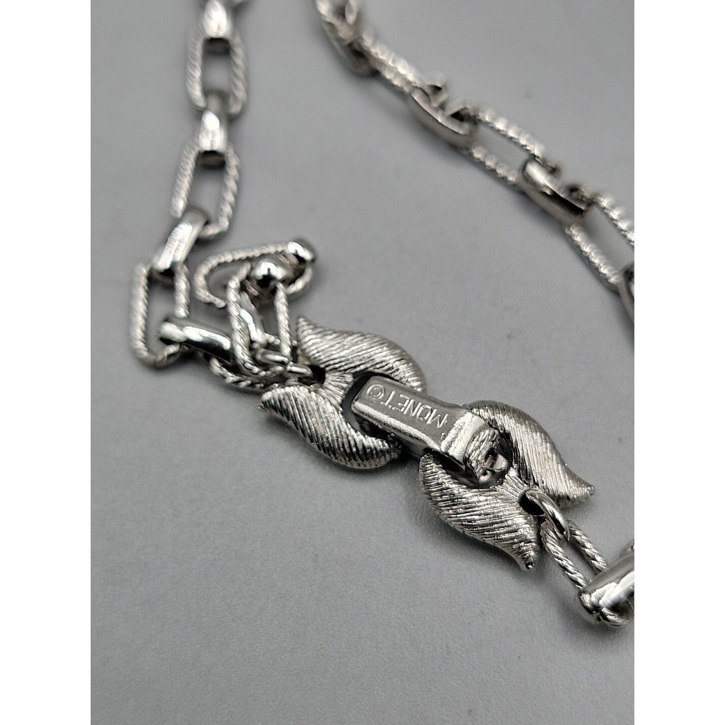 Monet Pendant Necklace Signed Open Metal Work 30" Silver Tone Chain