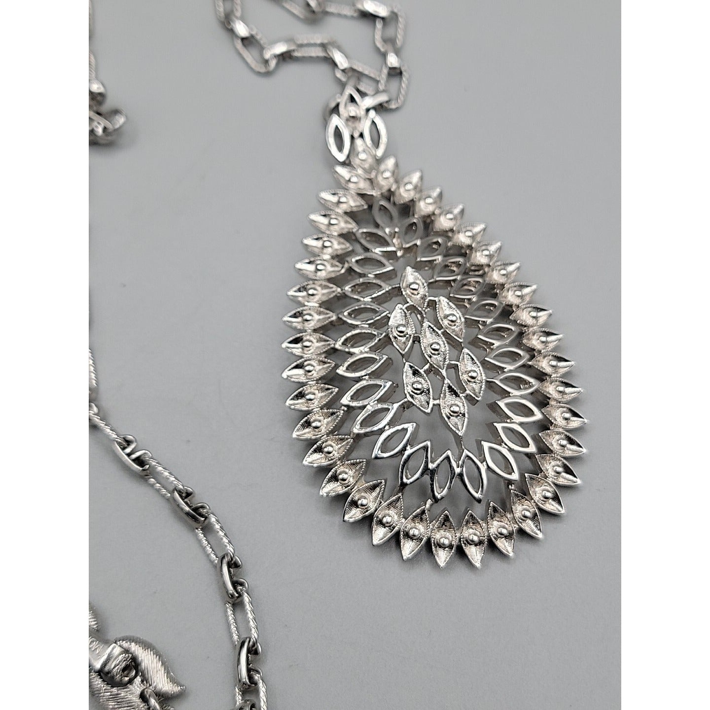 Monet Pendant Necklace Signed Open Metal Work 30" Silver Tone Chain