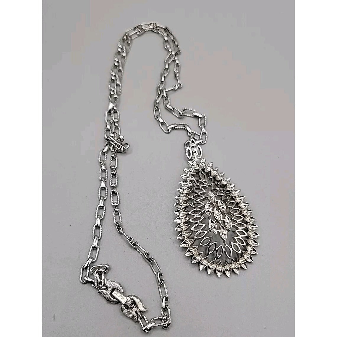 Monet Pendant Necklace Signed Open Metal Work 30" Silver Tone Chain