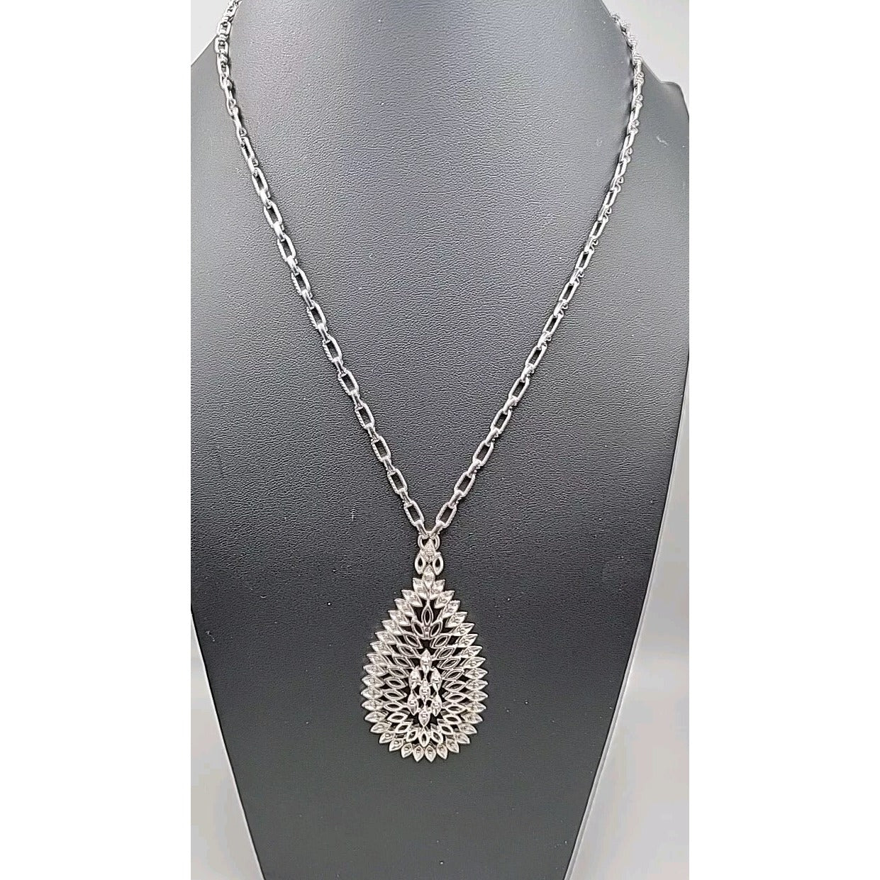 Monet Pendant Necklace Signed Open Metal Work 30" Silver Tone Chain
