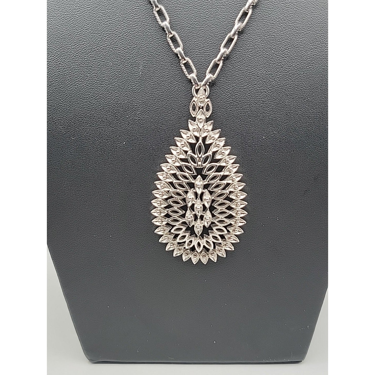 Monet Pendant Necklace Signed Open Metal Work 30" Silver Tone Chain