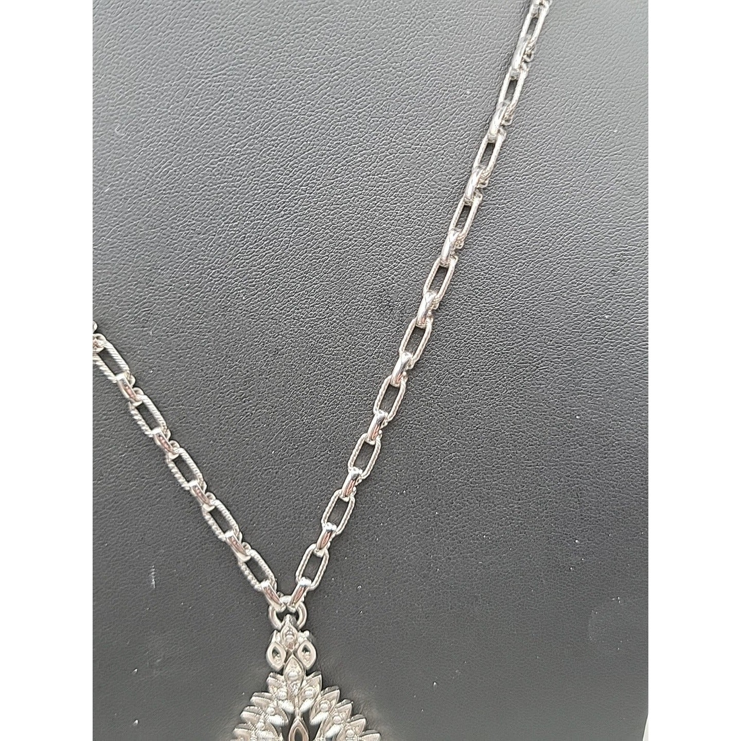 Monet Pendant Necklace Signed Open Metal Work 30" Silver Tone Chain