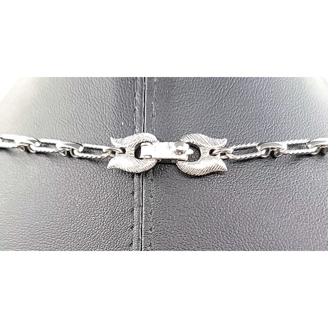Monet Pendant Necklace Signed Open Metal Work 30" Silver Tone Chain