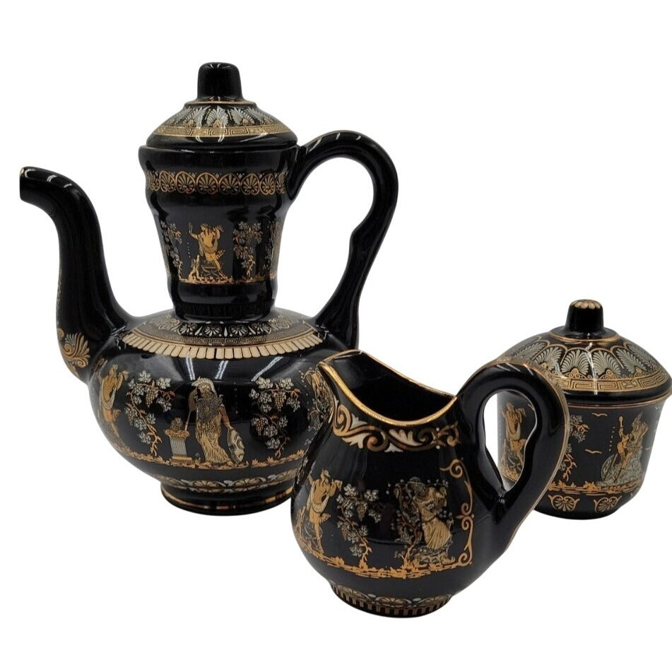 Vintage Greek Tea Set Ceramotechnica Xipolias 24K Gold Handmade Hellas 3pc Mint