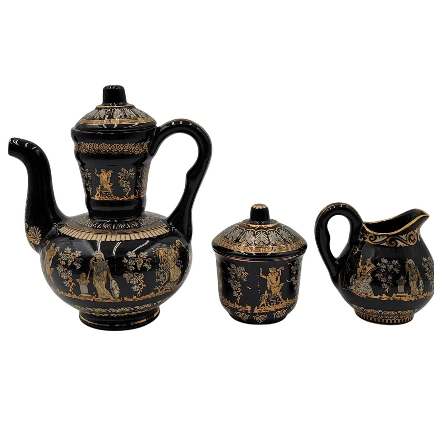 Vintage Greek Tea Set Ceramotechnica Xipolias 24K Gold Handmade Hellas 3pc Mint